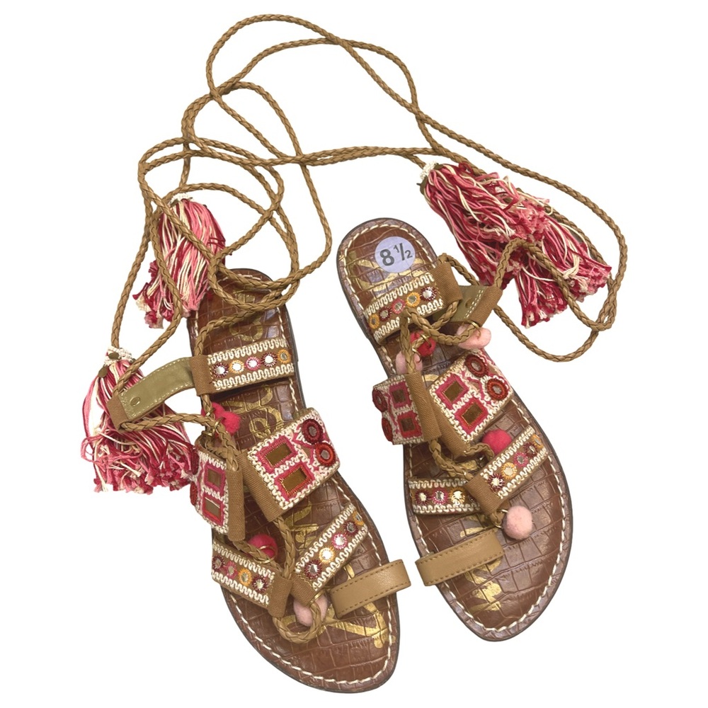 Sam Edelman Brown and Pink Embellished Gladiator Lace-Up Sandals